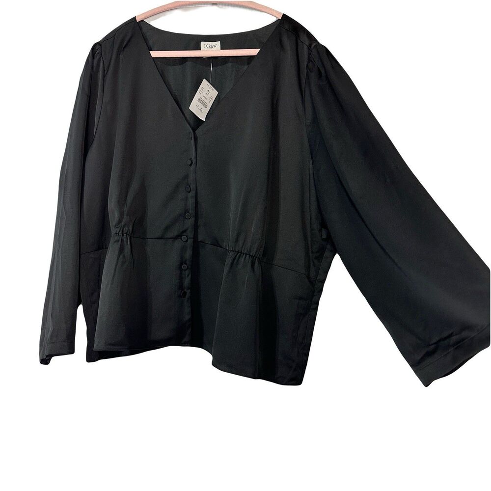 J. Crew Women’s Black Button Front  V-Neck Long Sleeve Blouse Size 24 Peplum NWT